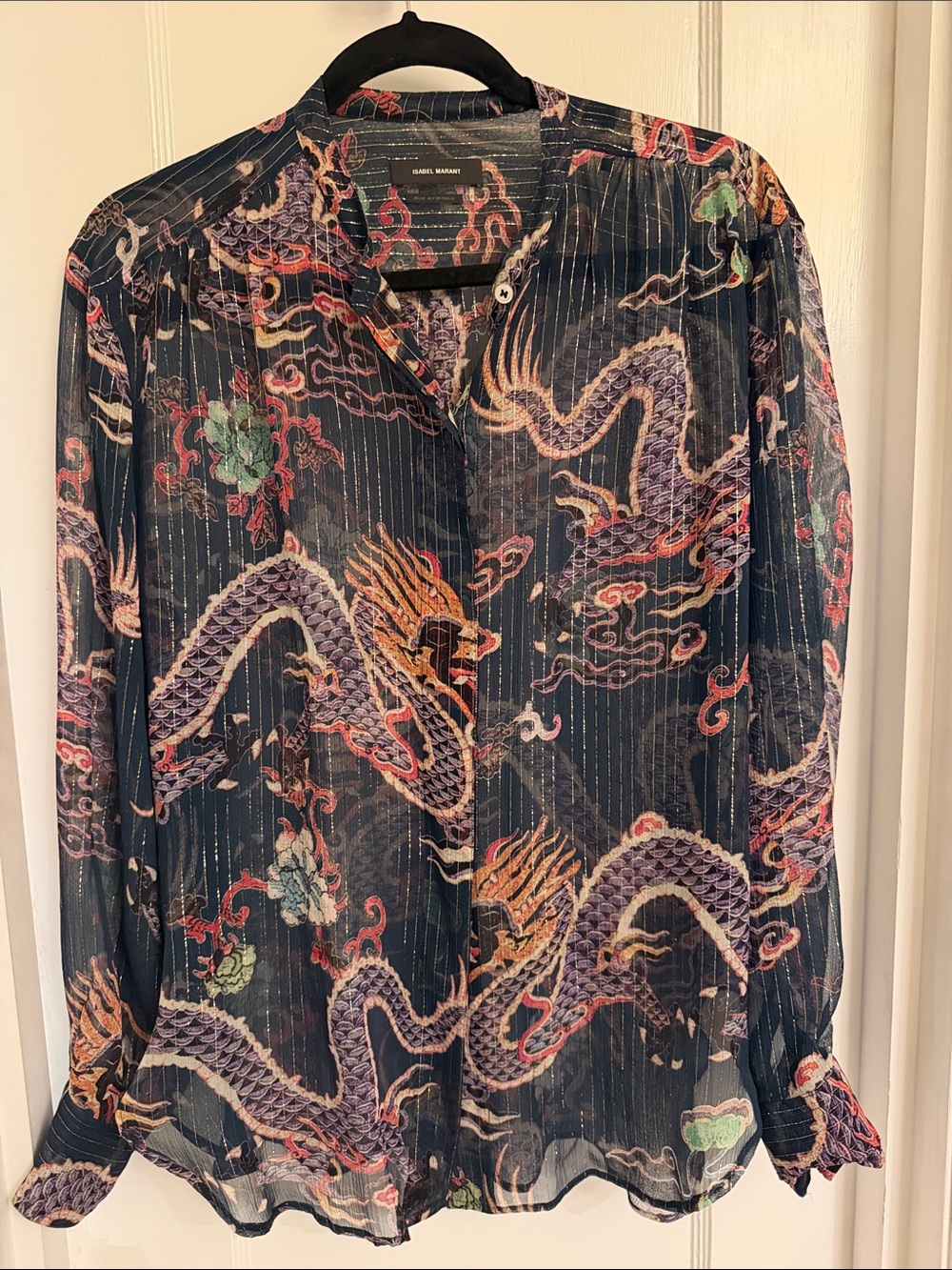 Isabel Marant Multicolor Dragon Print Blouse Sheer Sz 36
